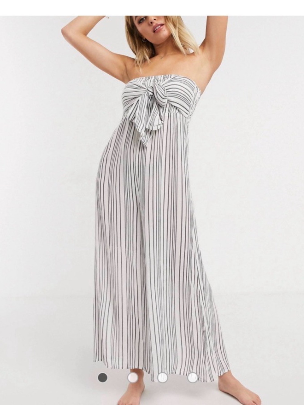 Lascana Striped Strapless Tie-Front Jumpsuit in White/blue wide leg SZ 4 cotton